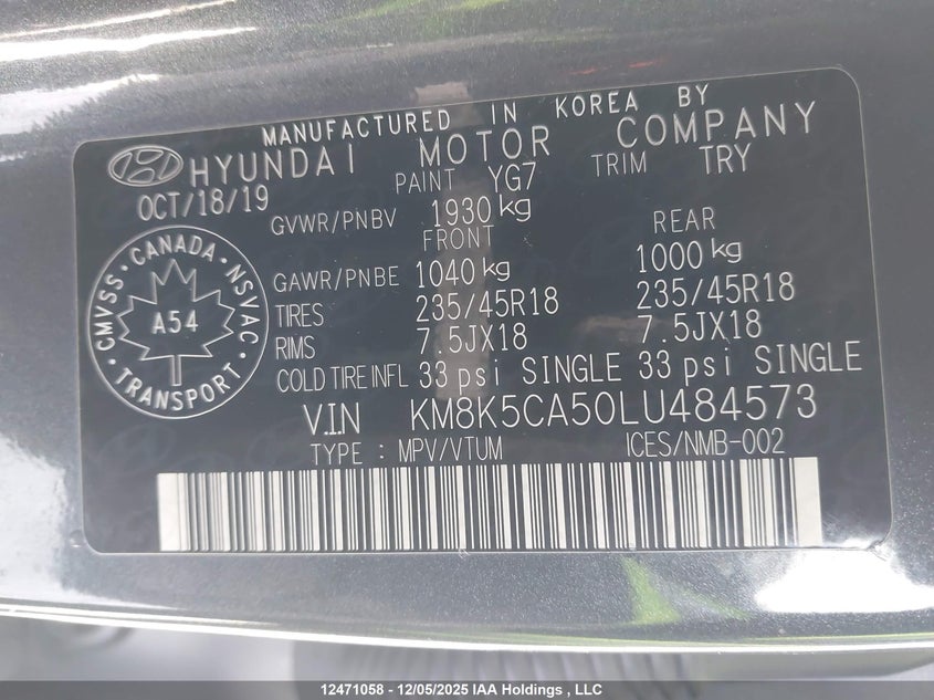 KM8K5CA50LU484573 2020 HYUNDAI KONA photo no. 9