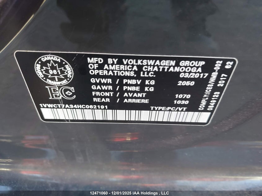 1VWCT7A34HC062191 2017 VOLKSWAGEN PASSAT photo no. 9