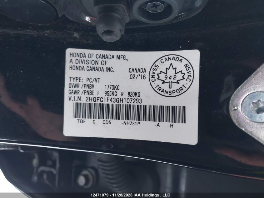 2016 Honda Civic Ex-T VIN: 2HGFC1F43GH107293 Lot: 12471079