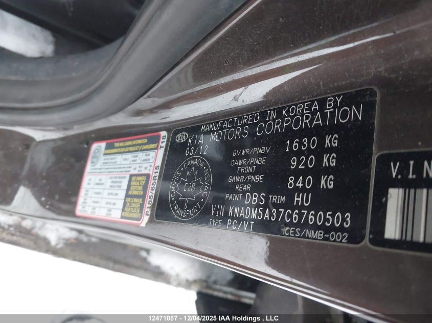 2012 Kia Rio Lx VIN: KNADM5A37C6760503 Lot: 12471087