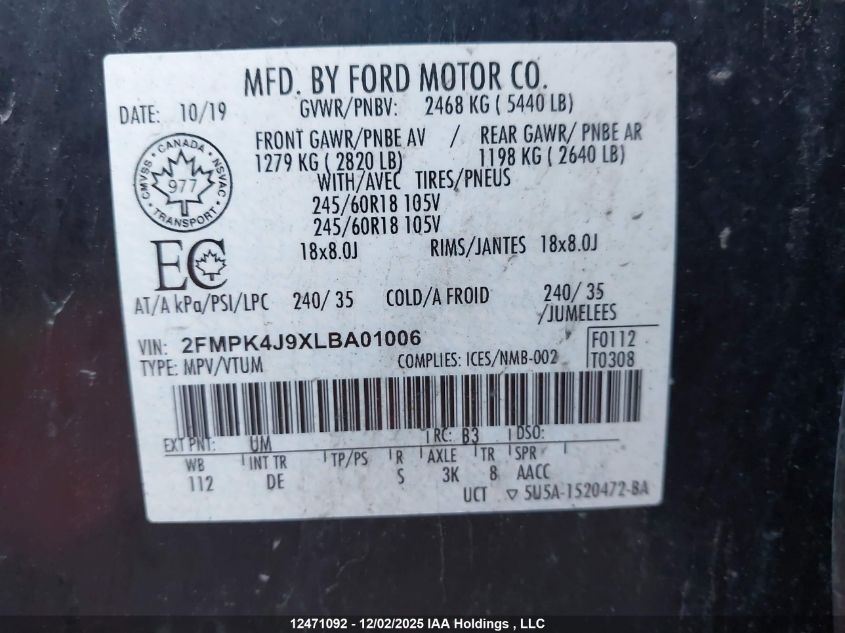 2020 Ford Edge Sel VIN: 2FMPK4J9XLBA01006 Lot: 12471092