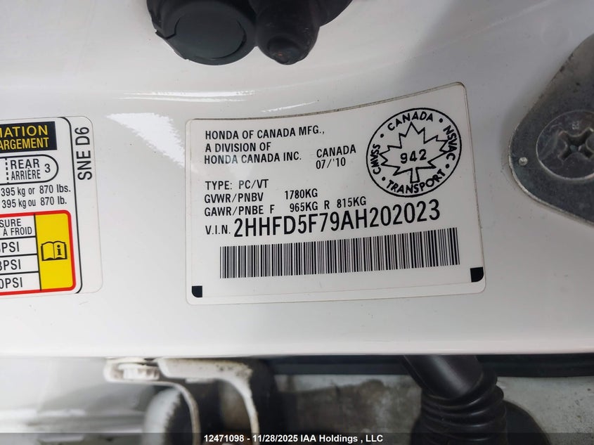 2HHFD5F79AH202023 2010 ACURA CSX photo no. 9