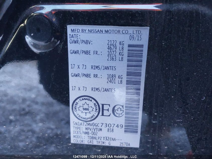 2016 Nissan Rogue VIN: 5N1AT2MV0GC730749 Lot: 12471099