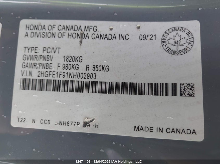 2HGFE1F91NH002903 2022 HONDA CIVIC photo no. 18
