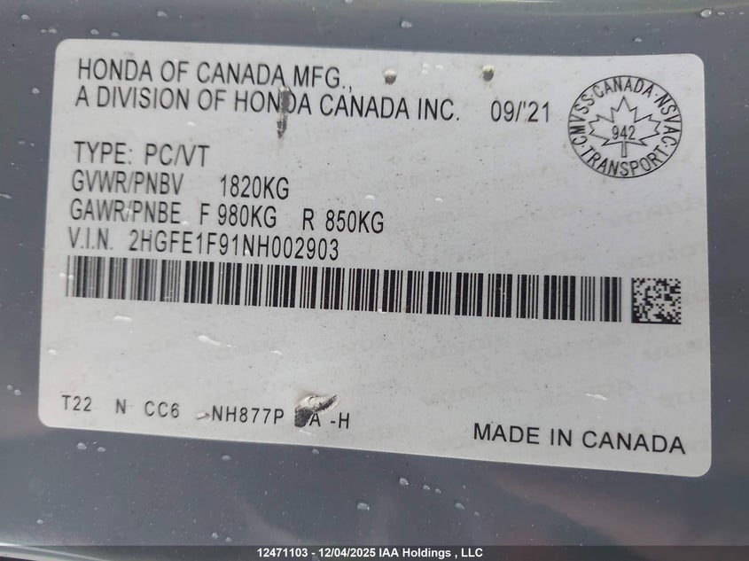 2HGFE1F91NH002903 2022 HONDA CIVIC photo no. 9