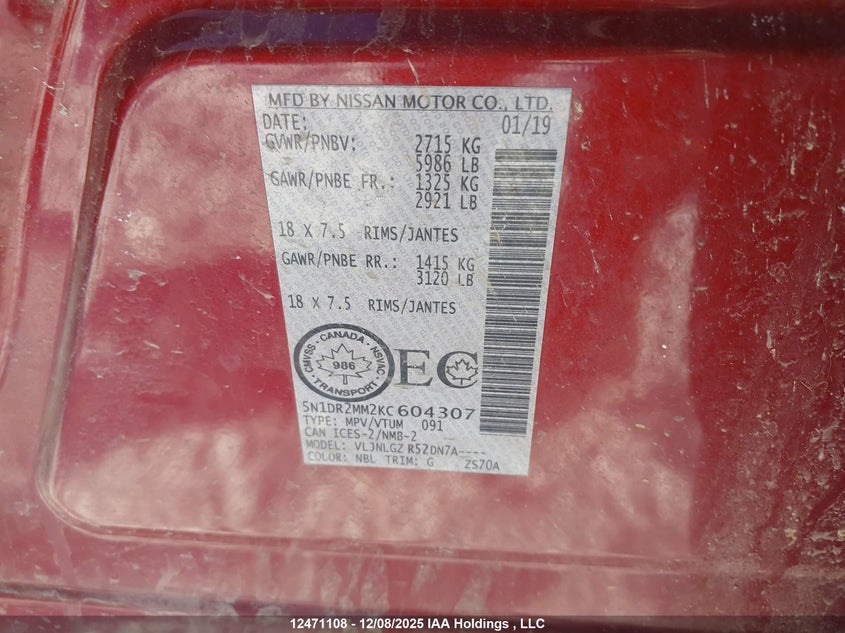 5N1DR2MM2KC604307 2019 NISSAN PATHFINDER photo no. 9