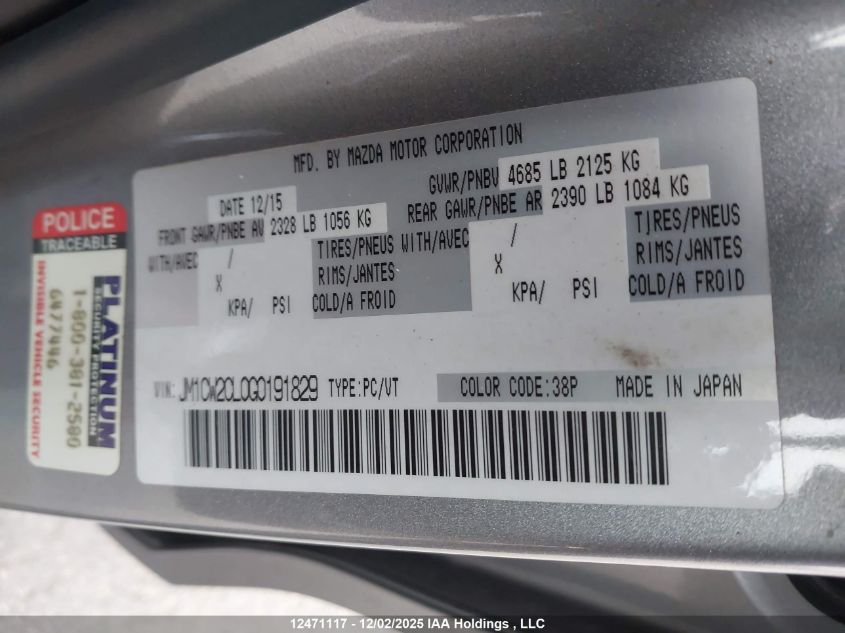 2016 Mazda 5 Touring VIN: JM1CW2CL0G0191829 Lot: 12471117