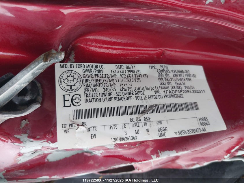 2014 Ford Focus Se VIN: 1FADP3F23EL352511 Lot: 11972250X