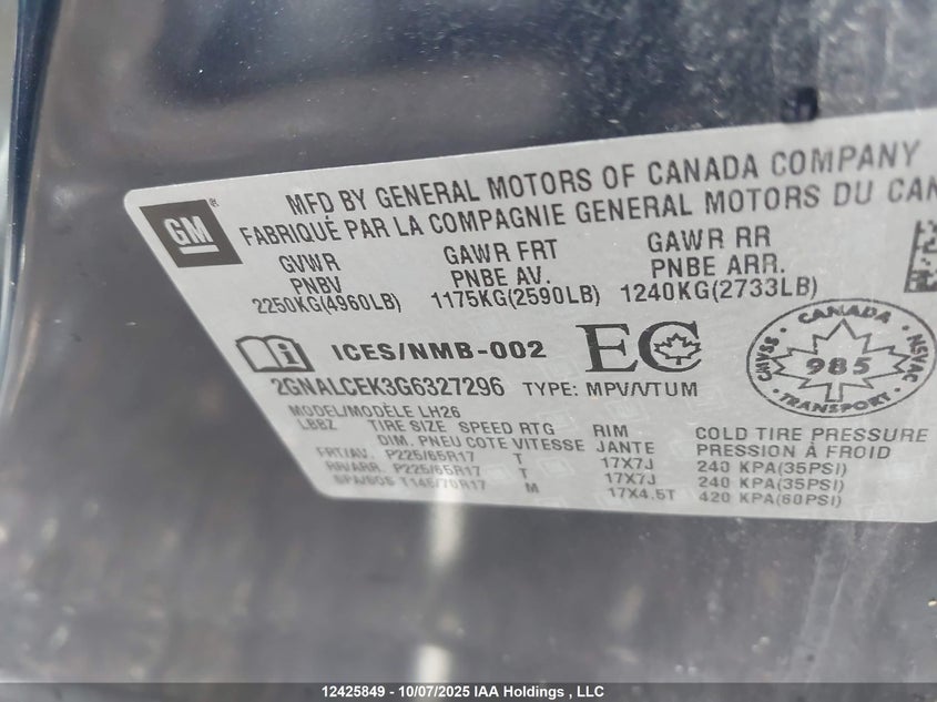 2016 Chevrolet Equinox Lt VIN: 2GNALCEK3G6327296 Lot: 12425849X