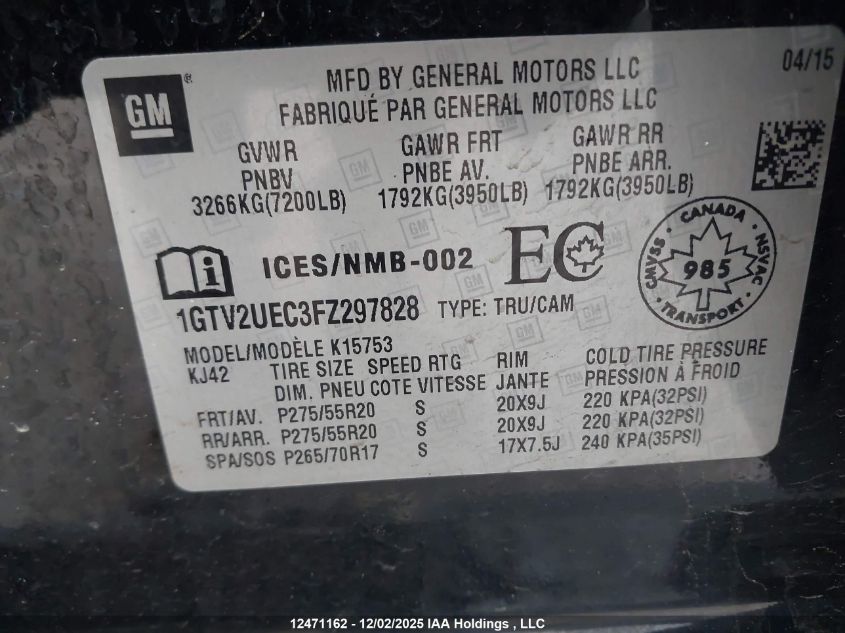 2015 GMC Sierra 1500 Sle VIN: 1GTV2UEC3FZ297828 Lot: 12471162