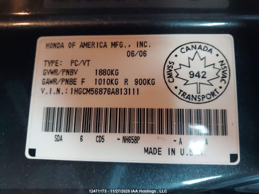 2006 Honda Accord Ex-L VIN: 1HGCM56876A813111 Lot: 12471173