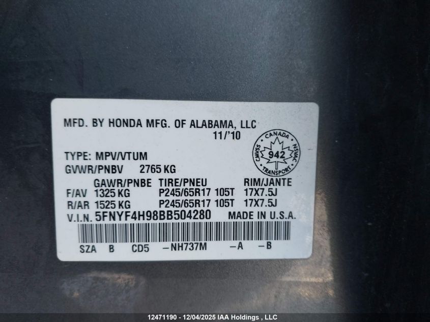 2011 Honda Pilot Touring VIN: 5FNYF4H98BB504280 Lot: 12471190