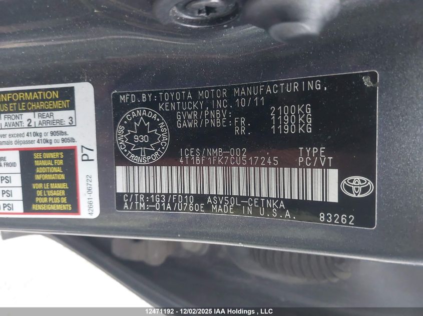 2012 Toyota Camry Le VIN: 4T1BF1FK7CU517245 Lot: 12471192