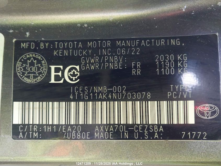 2022 Toyota Camry Se/Se Night Shade VIN: 4T1G11AK4NU703078 Lot: 12471209