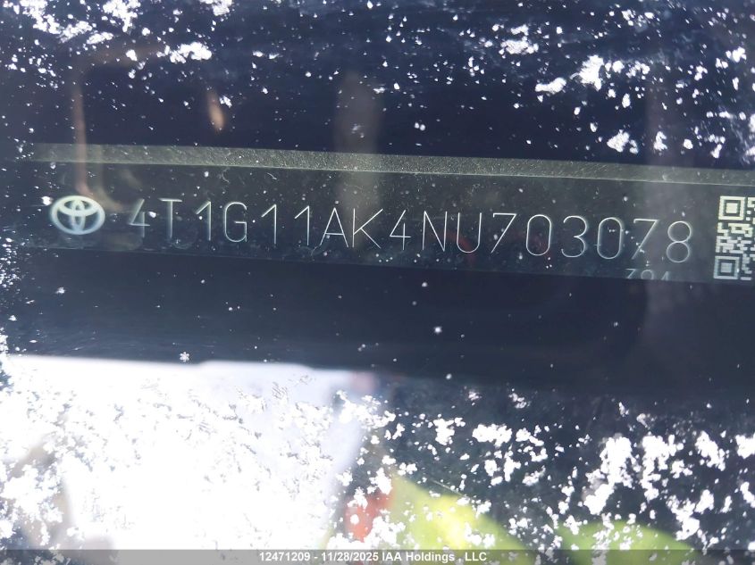 2022 Toyota Camry Se/Se Night Shade VIN: 4T1G11AK4NU703078 Lot: 12471209