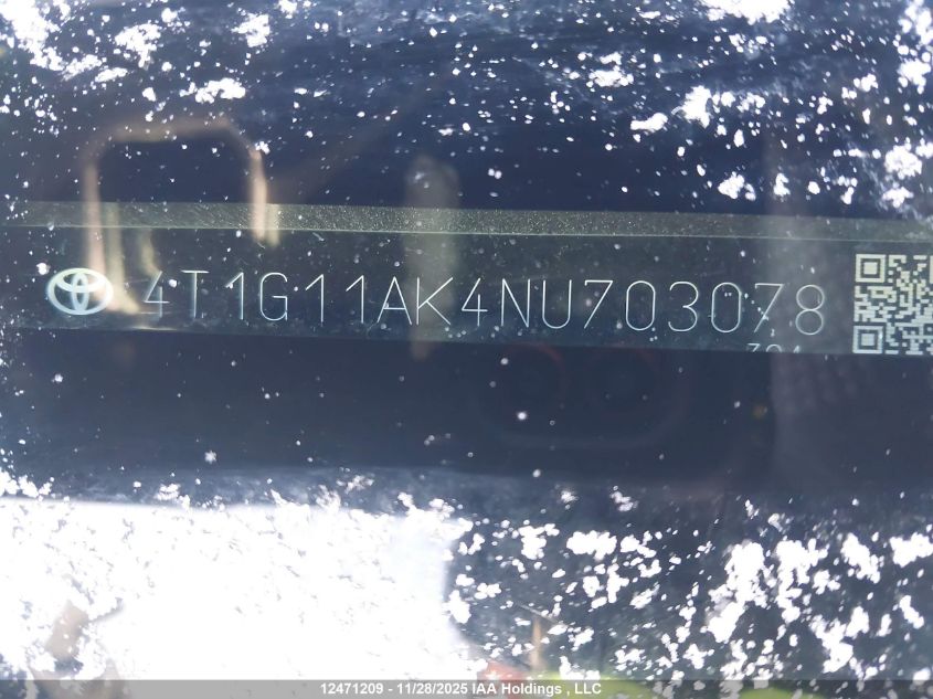 2022 Toyota Camry Se/Se Night Shade VIN: 4T1G11AK4NU703078 Lot: 12471209