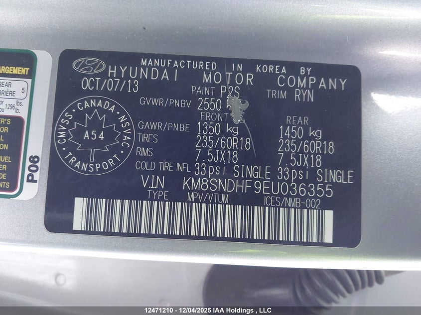 KM8SNDHF9EU036355 2014 HYUNDAI SANTA FE photo no. 9