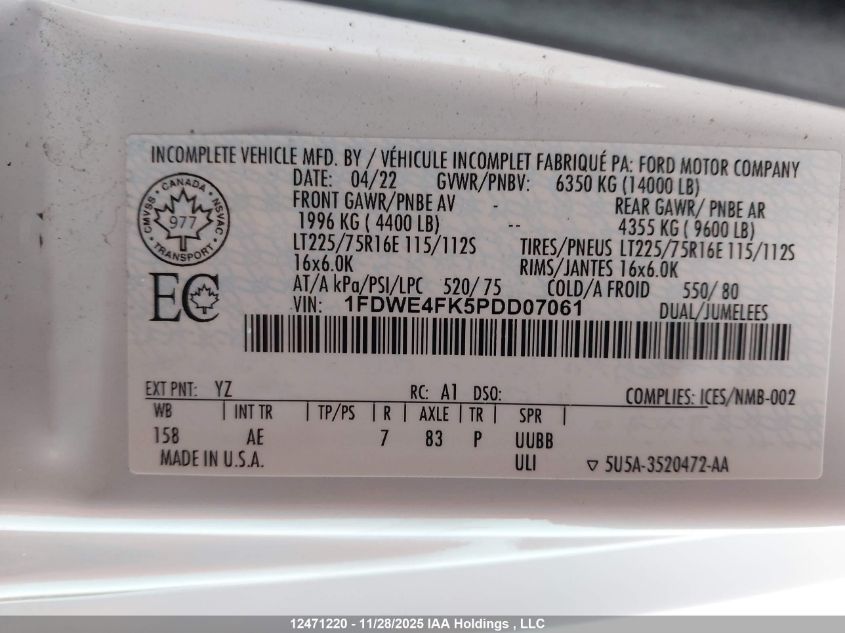 2023 Ford Econoline E450 Super Duty Cutaway Van VIN: 1FDWE4FK5PDD07061 Lot: 12471220