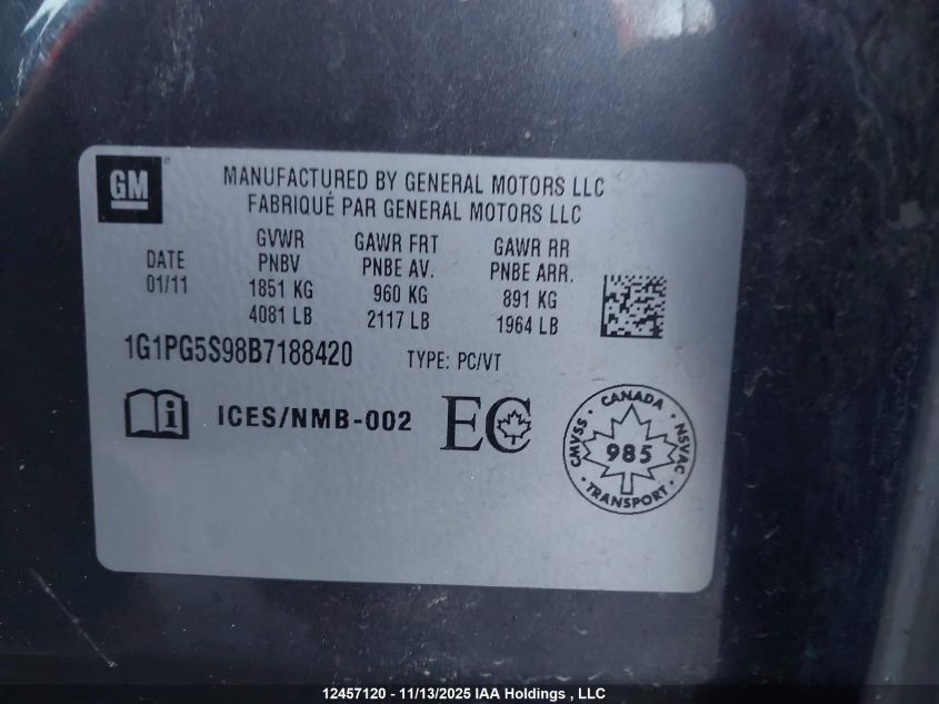 2011 Chevrolet Cruze Lt Turbo VIN: 1G1PG5S98B7188420 Lot: 12457120X