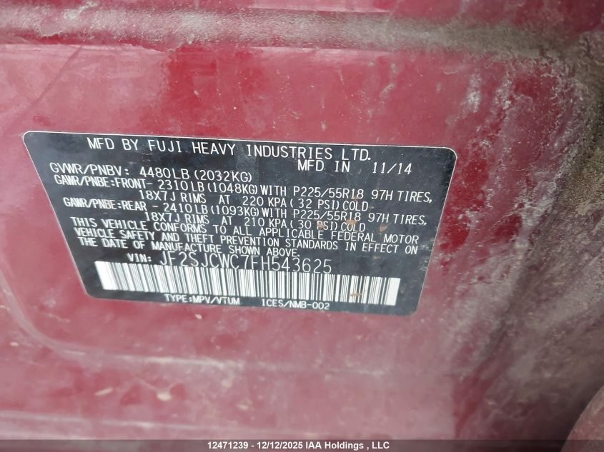 2015 Subaru Forester 2.5I Limited Package VIN: JF2SJCWC7FH543625 Lot: 12471239