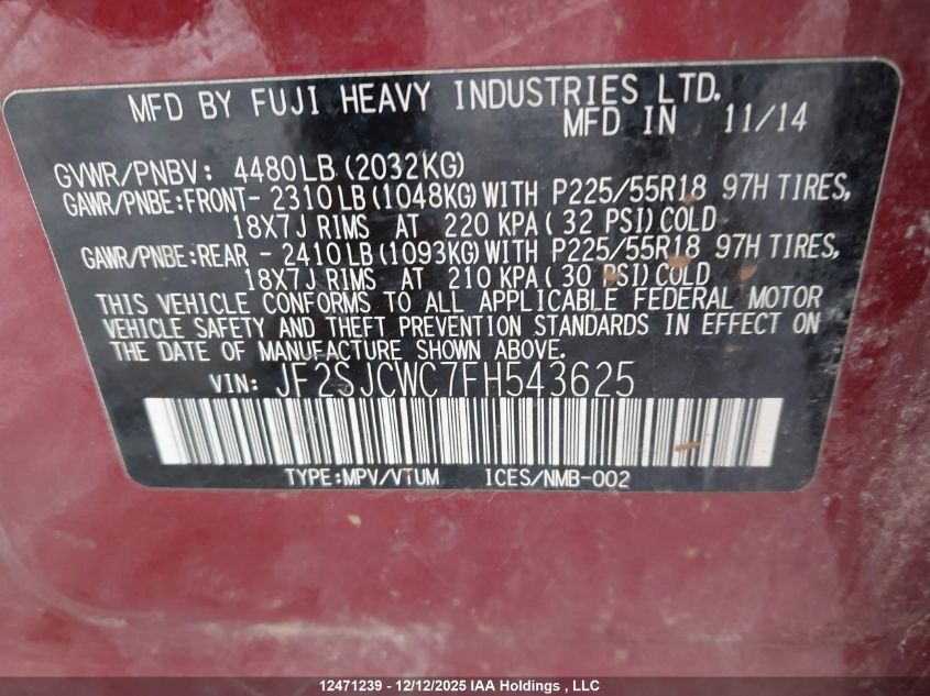 2015 Subaru Forester 2.5I Limited Package VIN: JF2SJCWC7FH543625 Lot: 12471239