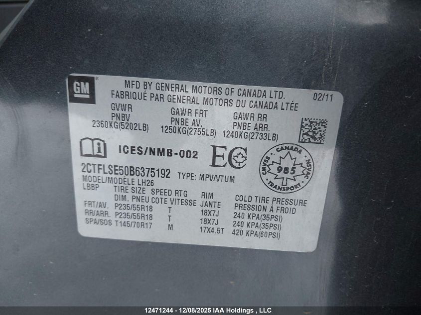 2011 GMC Terrain Sle-2 VIN: 2CTFLSE50B6375192 Lot: 12471244