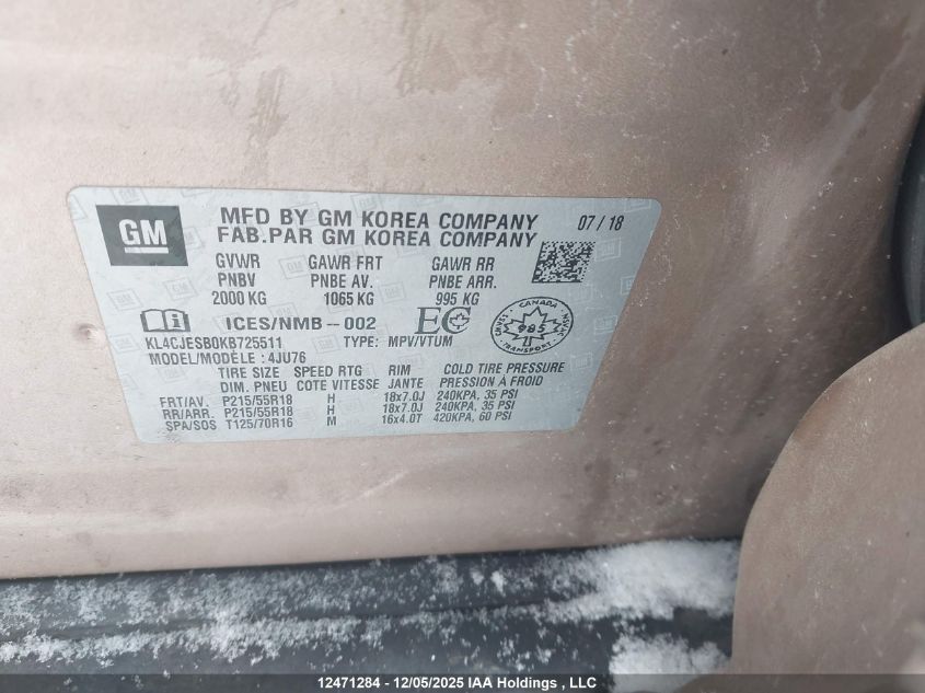 2019 Buick Encore Preferred VIN: KL4CJESB0KB725511 Lot: 12471284