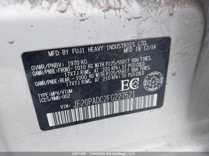 JF2GPADC2FG227521 2015 SUBARU XV photo no. 9