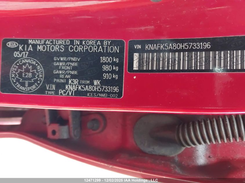 2017 Kia Forte 2.0L Ex/2.0L Ex Luxury/2.0L Lx+ VIN: KNAFK5A80H5733196 Lot: 12471299