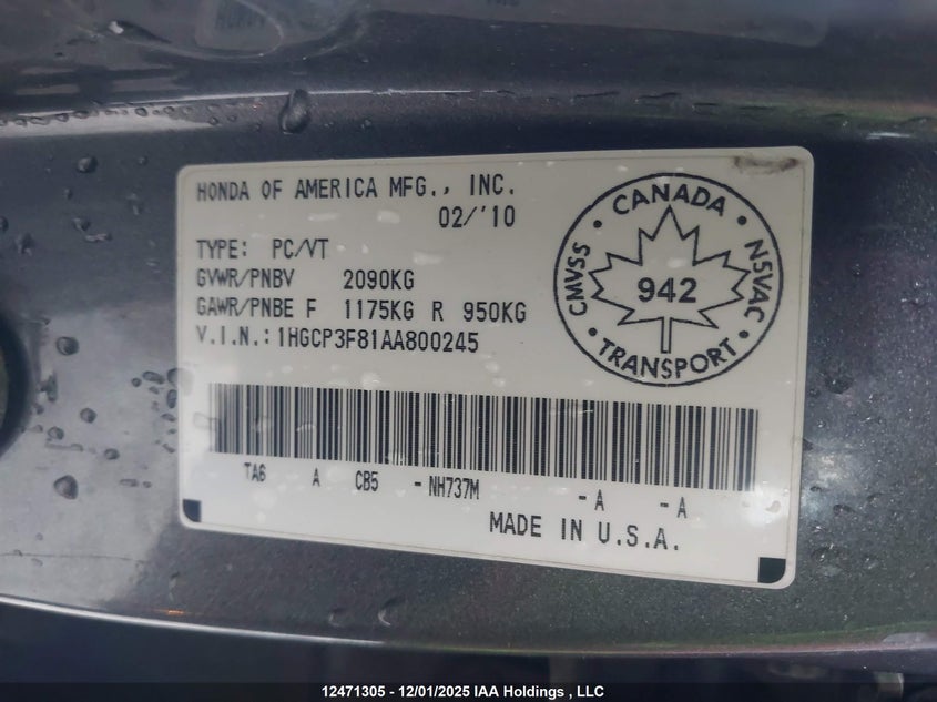 1HGCP3F81AA800245 2010 HONDA ACCORD photo no. 9