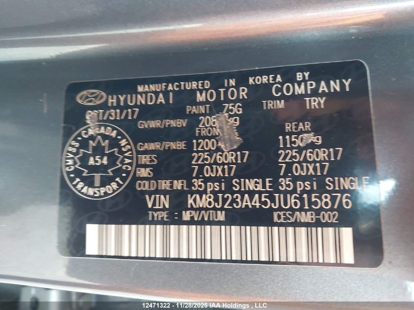 2018 Hyundai Tucson Base 2.0L VIN: KM8J23A45JU615876 Lot: 12471322