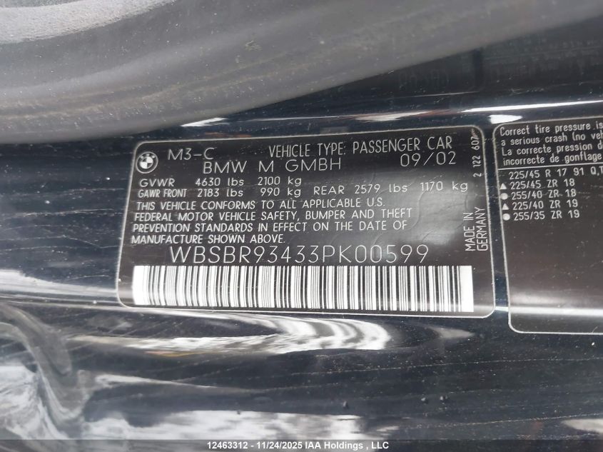 2003 BMW M3 VIN: WBSBR93433PK00599 Lot: 12463312X