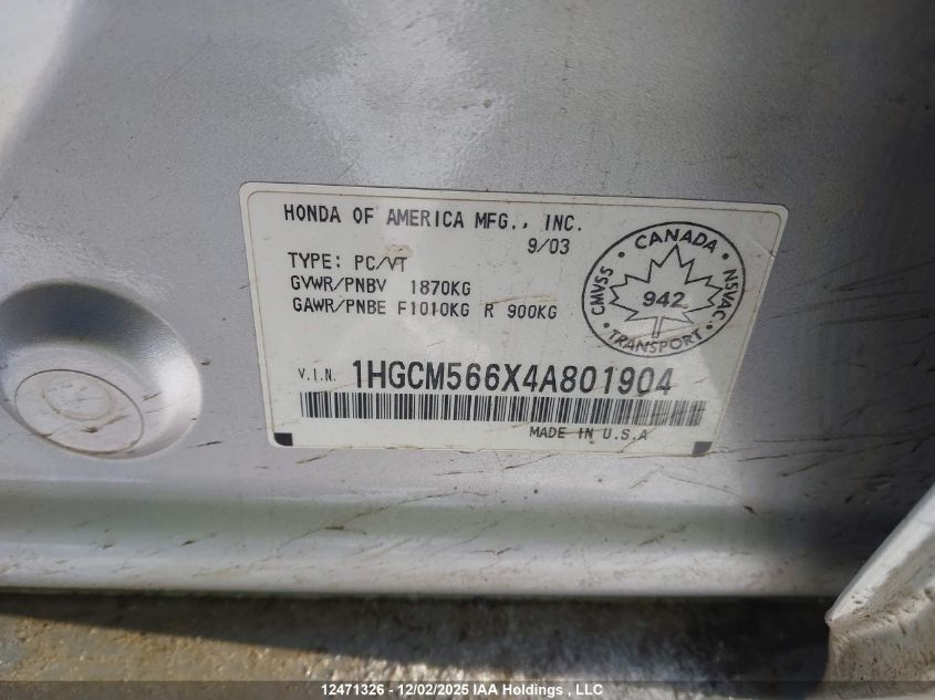 2004 Honda Accord Ex-L/Lx-G VIN: 1HGCM566X4A801904 Lot: 12471326