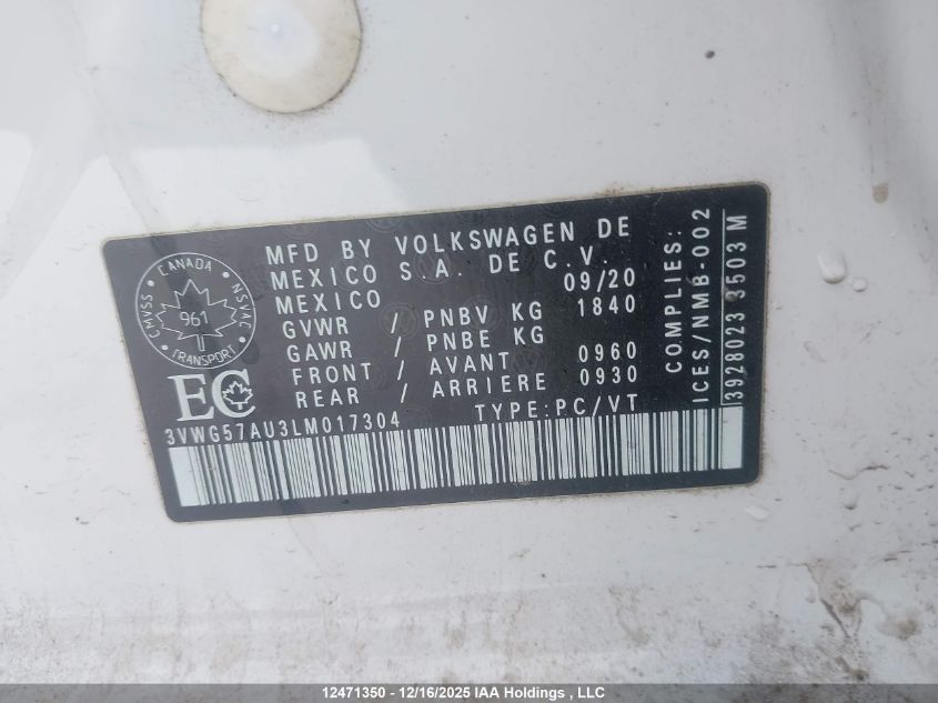 2020 Volkswagen Golf VIN: 3VWG57AU3LM017304 Lot: 12471350