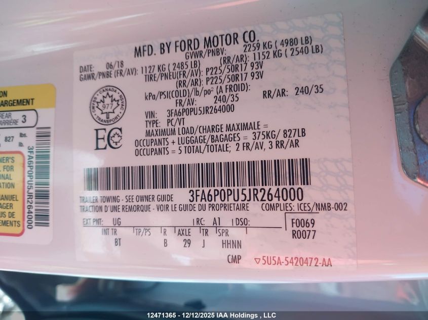 2018 Ford Fusion VIN: 3FA6P0PU5JR264000 Lot: 12471365