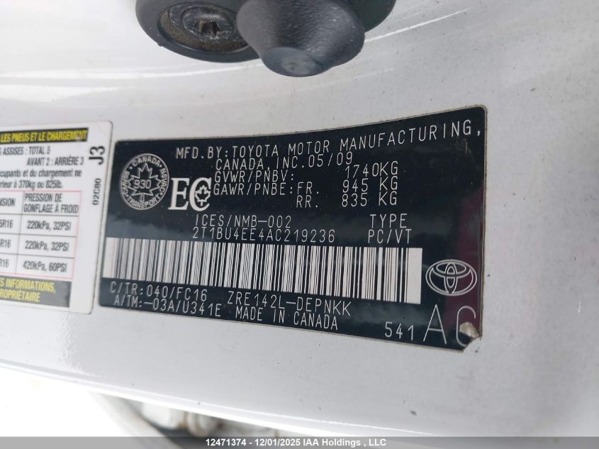 2010 Toyota Corolla Le VIN: 2T1BU4EE4AC219236 Lot: 12471374