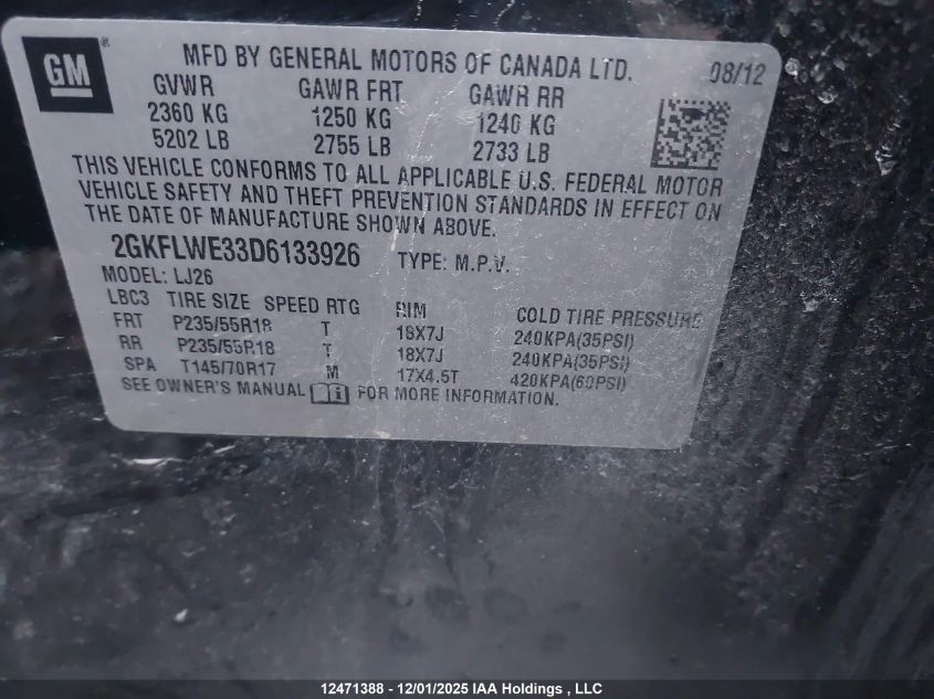 2013 GMC Terrain Slt VIN: 2GKFLWE33D6133926 Lot: 12471388