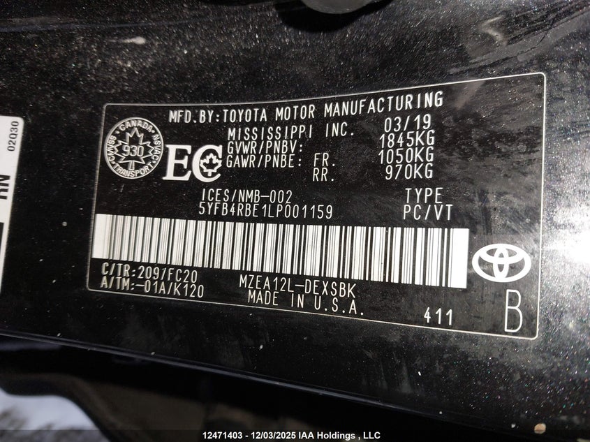 5YFB4RBE1LP001159 2020 TOYOTA COROLLA photo no. 9