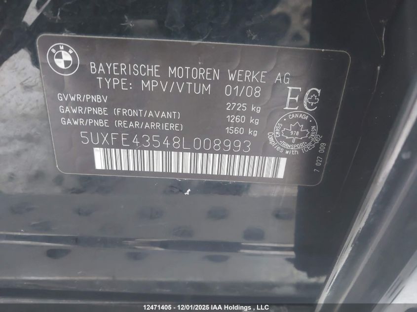 2008 BMW X5 3.0Si VIN: 5UXFE43548L008993 Lot: 12471405