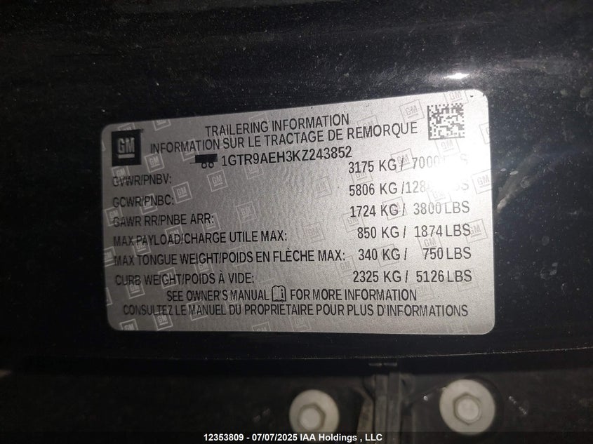 2019 GMC Sierra 1500 VIN: 1GTR9AEH3KZ243852 Lot: 12353809X