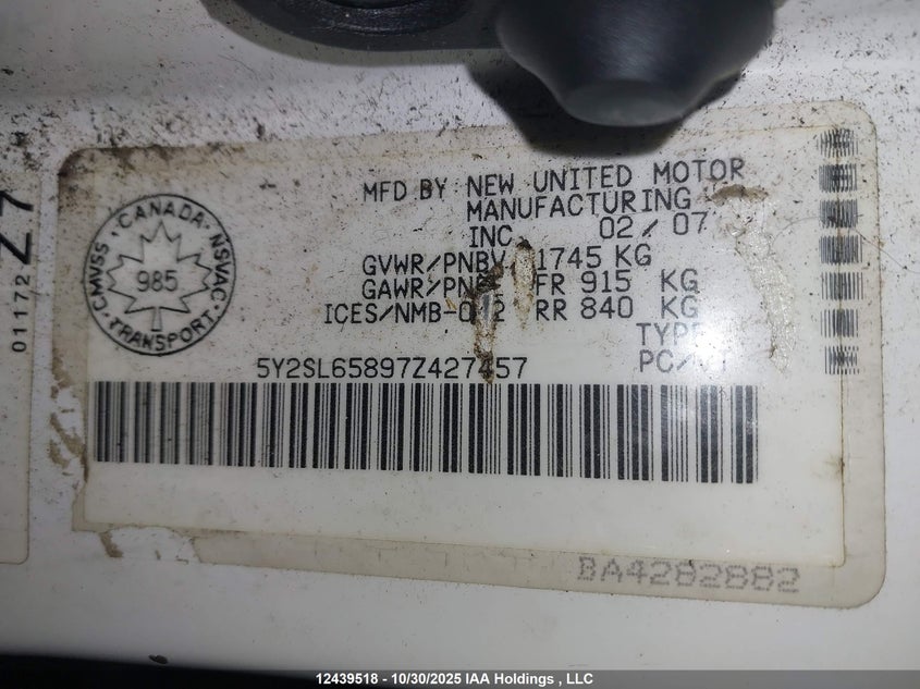2007 Pontiac Vibe VIN: 5Y2SL65897Z427457 Lot: 12439518X