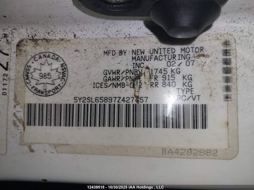 2007 Pontiac Vibe VIN: 5Y2SL65897Z427457 Lot: 12439518X