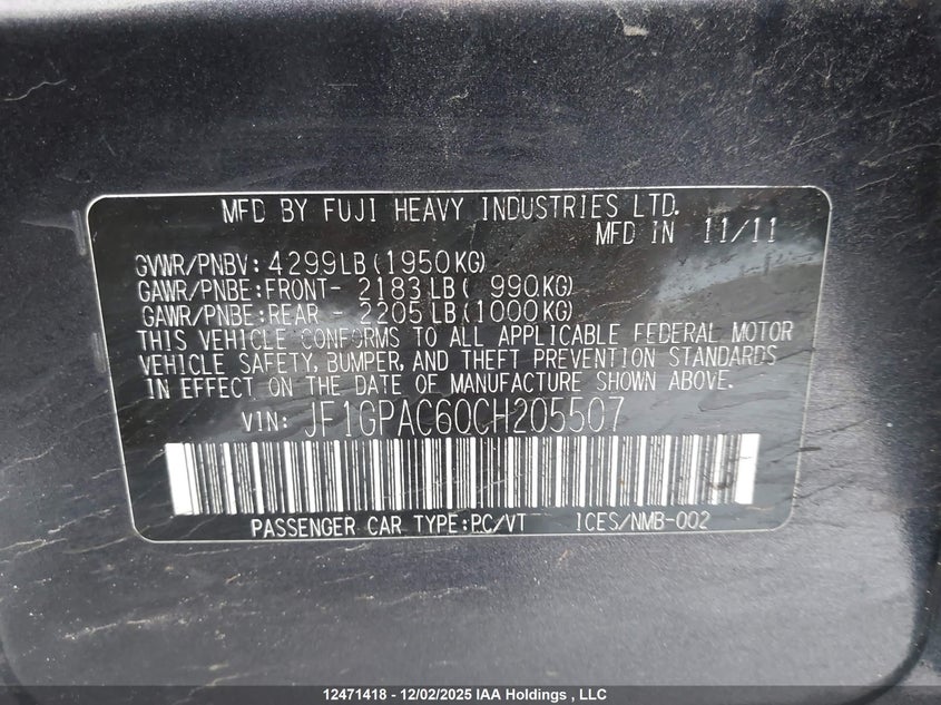 JF1GPAC60CH205507 2012 SUBARU IMPREZA photo no. 9