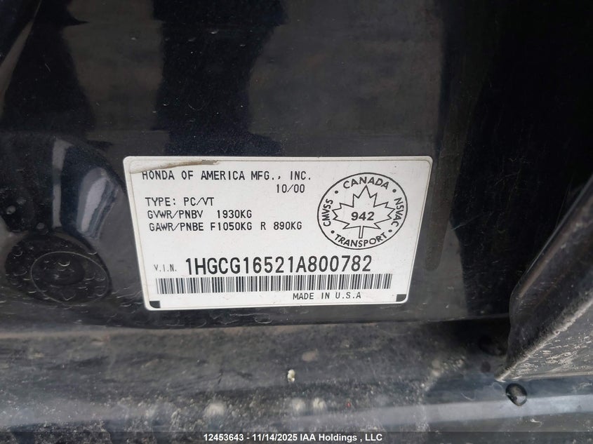 2001 Honda Accord Ex V6 VIN: 1HGCG16521A800782 Lot: 12453643X