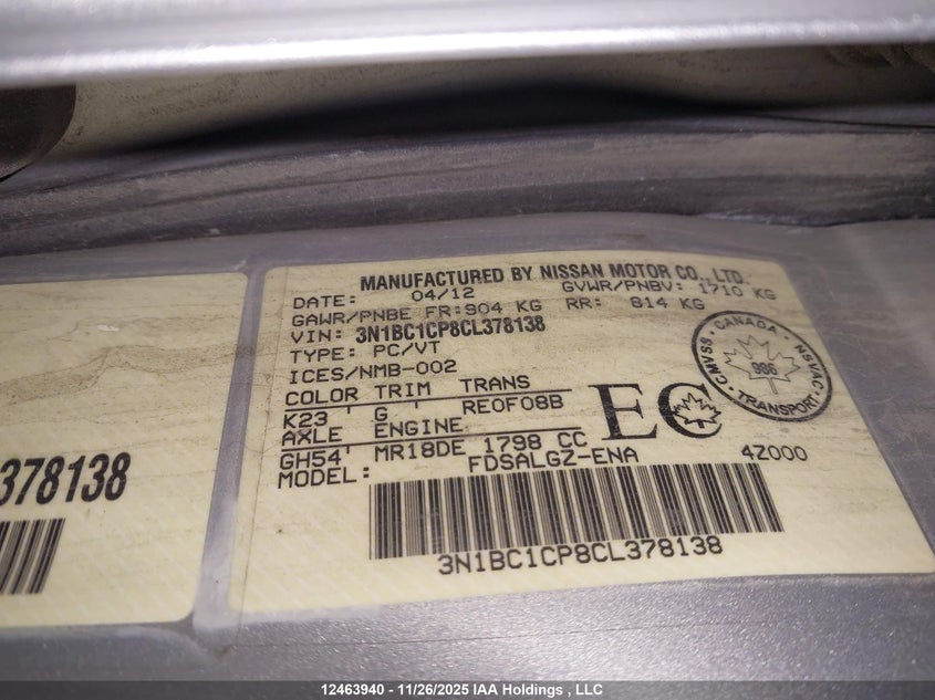 2012 Nissan Versa 1.8 Sl VIN: 3N1BC1CP8CL378138 Lot: 12463940X