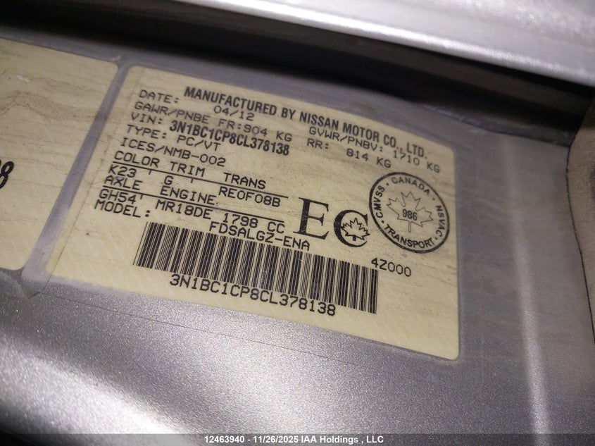 2012 Nissan Versa 1.8 Sl VIN: 3N1BC1CP8CL378138 Lot: 12463940X