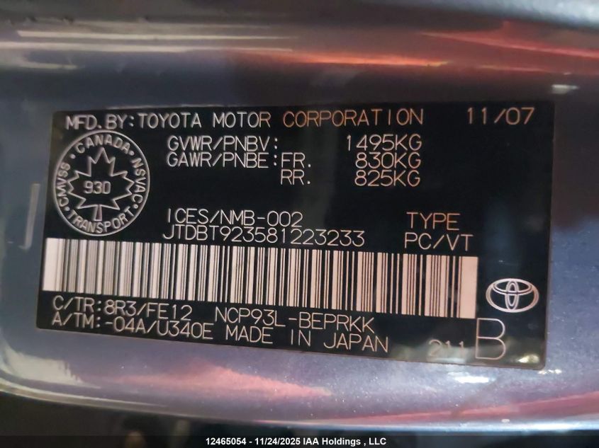 2008 Toyota Yaris VIN: JTDBT923581223233 Lot: 12465054X