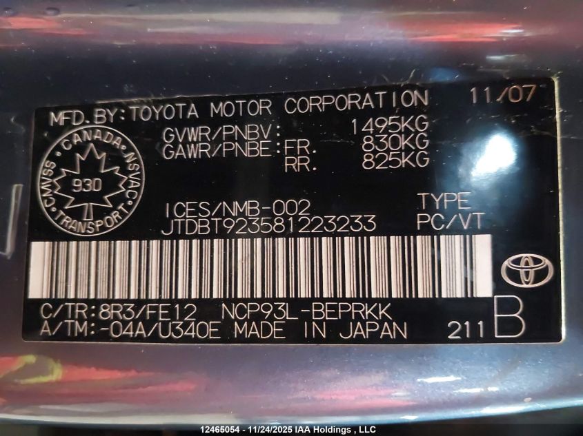 2008 Toyota Yaris VIN: JTDBT923581223233 Lot: 12465054X