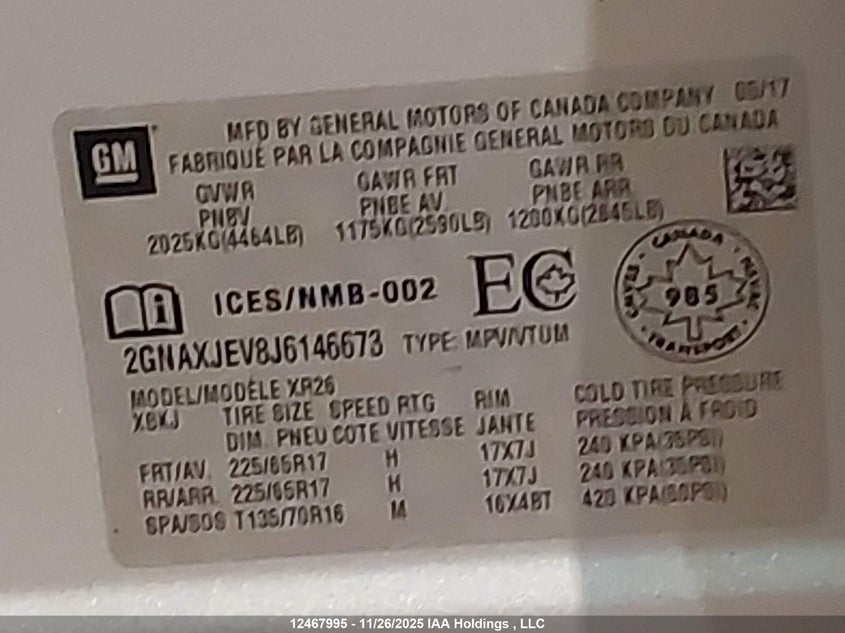 2018 Chevrolet Equinox Lt VIN: 2GNAXJEV8J6146673 Lot: 12467995X