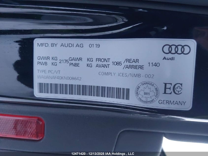 2019 Audi A4 45 Komfort VIN: WAUANAF40KN008642 Lot: 12471420